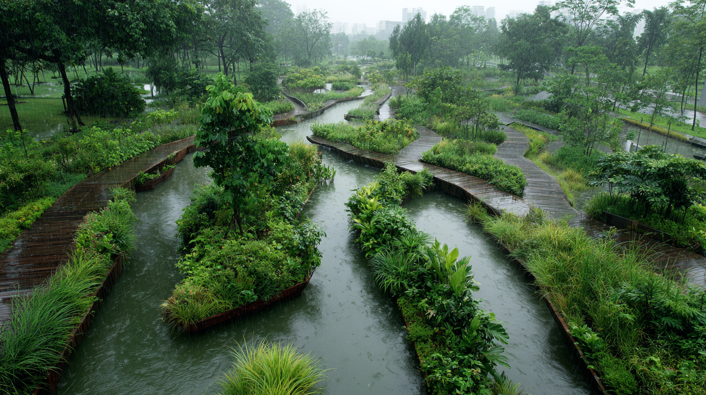 A rain-soaked park with winding water channels and landscaped islands, paths visible, lush green foliage.
