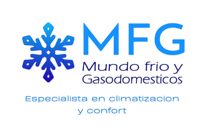 Logotipo azul de copo de nieve con «MFG Mundo frío y Gasodomésticos» y el eslogan «Especialista en climatización y confort»
