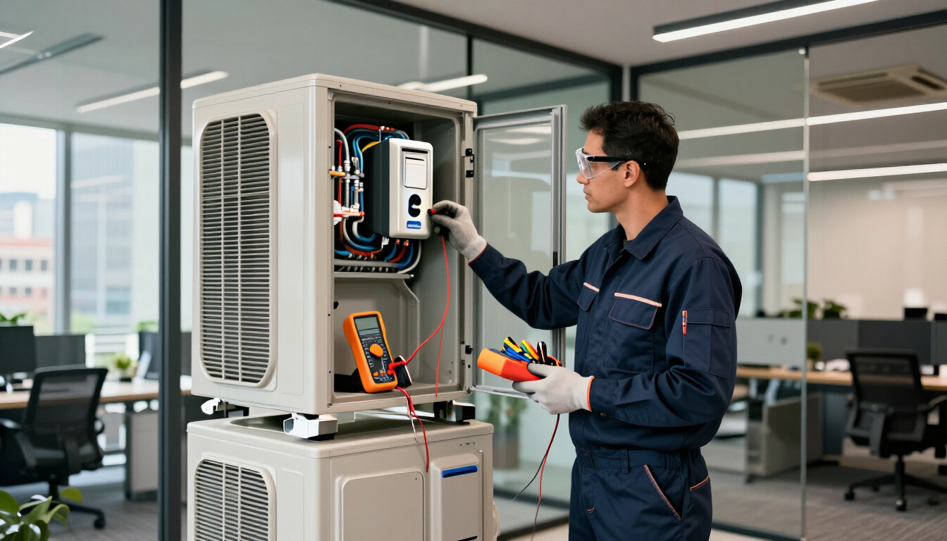 Técnico inspeccionando un panel de control eléctrico en una oficina moderna