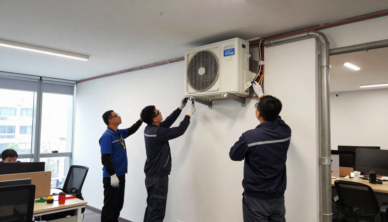 Tres trabajadores instalando un aire acondicionado de pared en una oficina.