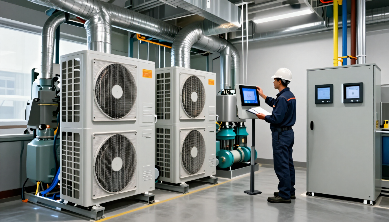 Técnico usando una tableta junto a unidades de climatización industrial y armarios de control en una sala de máquinas