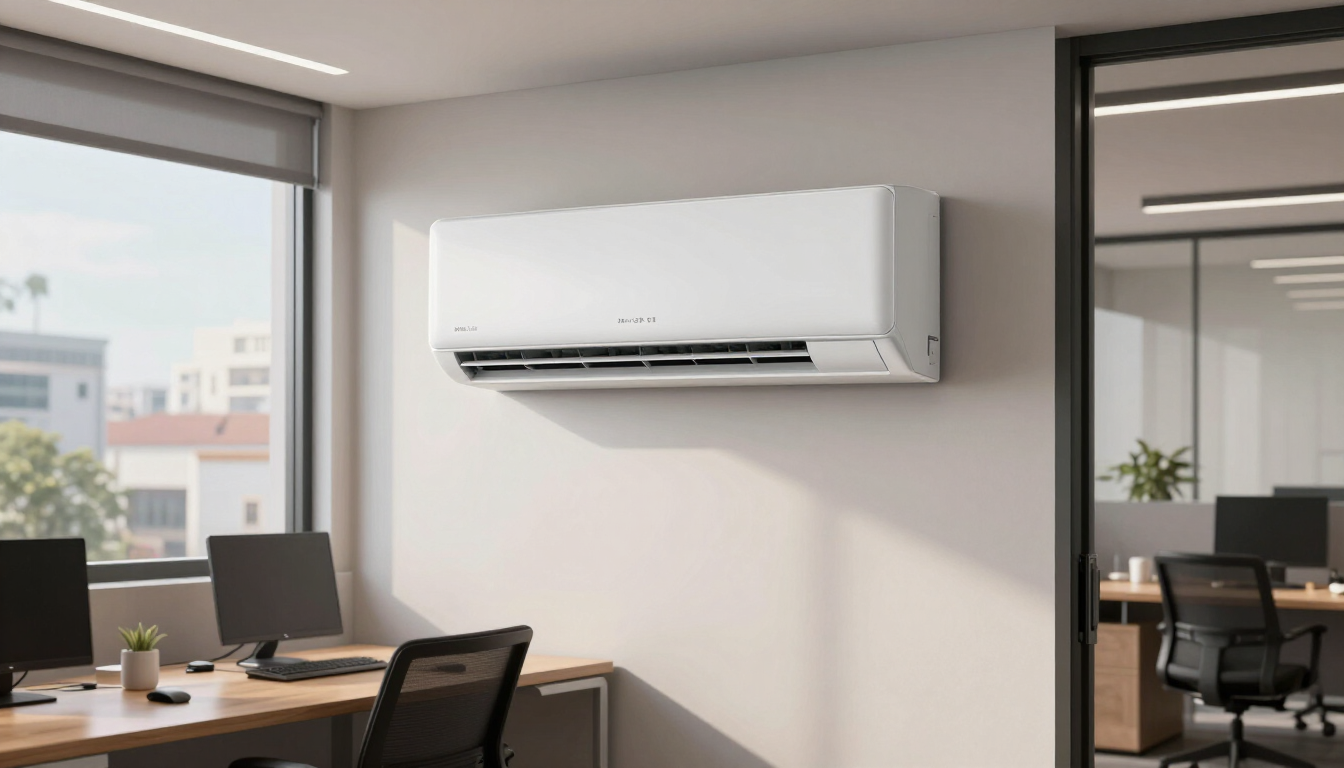 Oficina moderna con un aire acondicionado de pared sobre una mesa de reuniones y sillas.