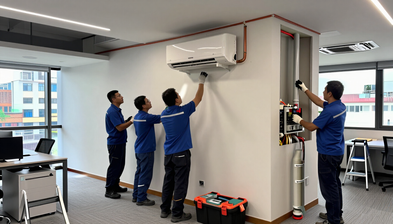 Cuatro técnicos con uniformes azules instalan un aire acondicionado en una oficina.
