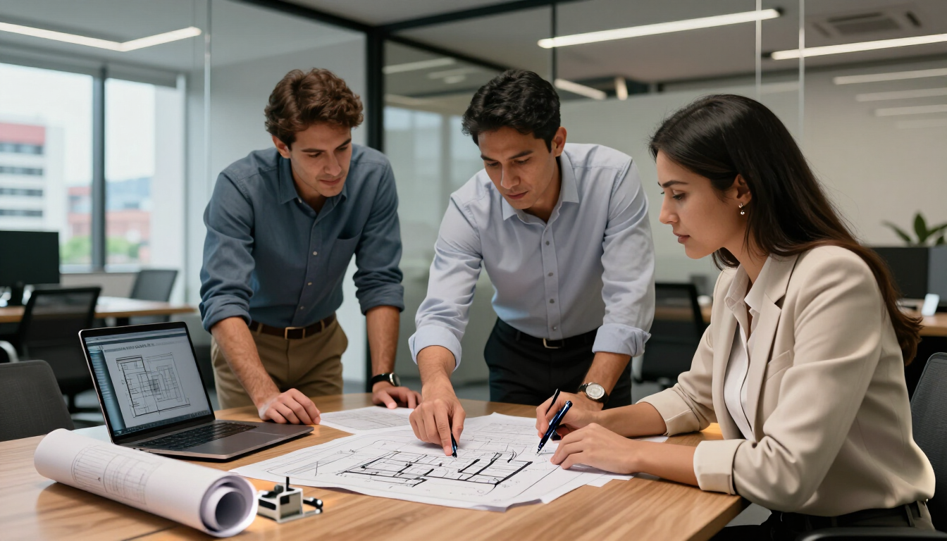 Tres compañeros de trabajo revisan gráficos y notas en una mesa de reuniones, en una oficina luminosa.