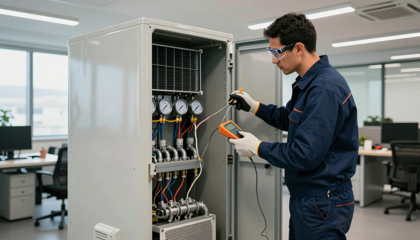 Técnico inspeccionando el cableado dentro de un armario eléctrico abierto en el laboratorio de una oficina.