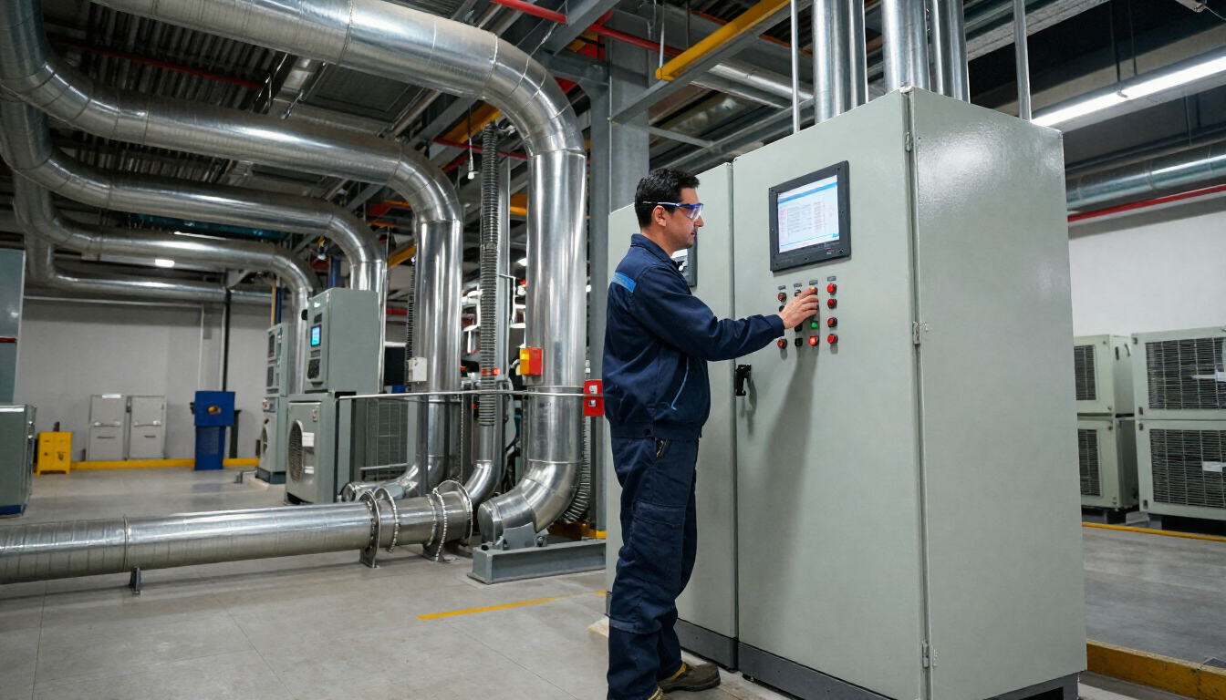 Técnico manejando un panel de control en una instalación industrial con grandes tuberías y equipos metálicos.