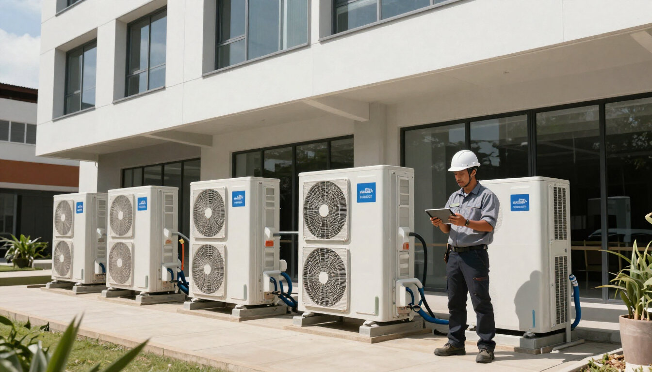 Un técnico de pie junto a unos equipos de climatización exteriores, a las afueras de un edificio moderno