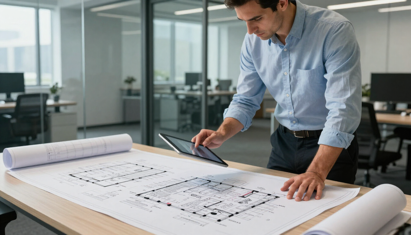 Hombre con camisa azul revisando planos arquitectónicos con una tableta en una oficina moderna
