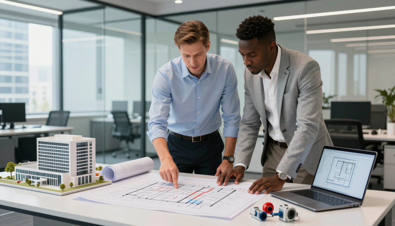 Dos arquitectos revisando planos y una maqueta en una oficina luminosa