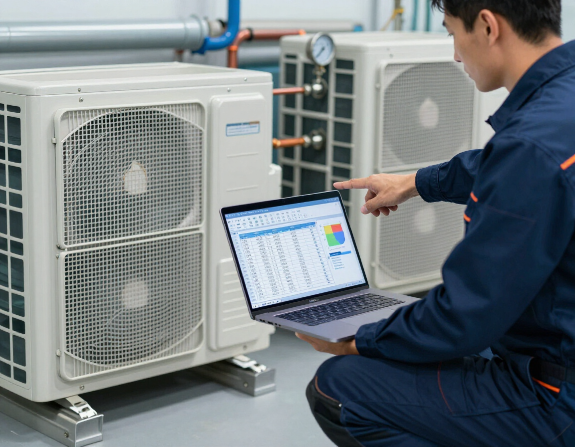 Un técnico está arrodillado junto a unas unidades de climatización y señala una computadora portátil que muestra datos del sistema en una sala de servicios.