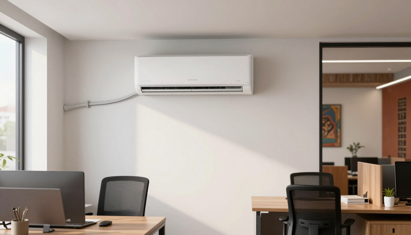 Oficina minimalista con escritorios, sillas, monitor de ordenador y aire acondicionado de pared junto a una ventana.