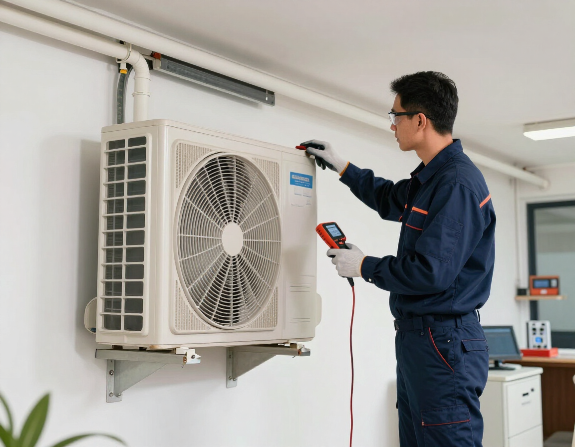 Técnico revisando una unidad de aire acondicionado exterior con un medidor portátil en una zona de servicio