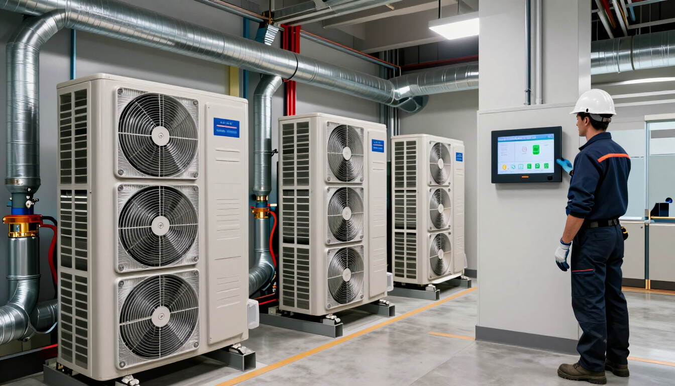 Técnico inspeccionando unidades de refrigeración industrial en una sala de máquinas con un panel de control montado en la pared