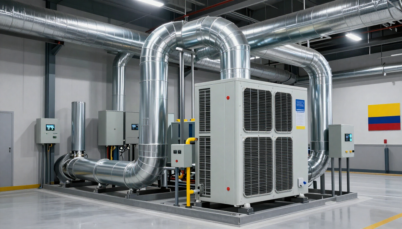 Sistema industrial de climatización con grandes conductos plateados y una unidad compresora gris en una sala de máquinas limpia
