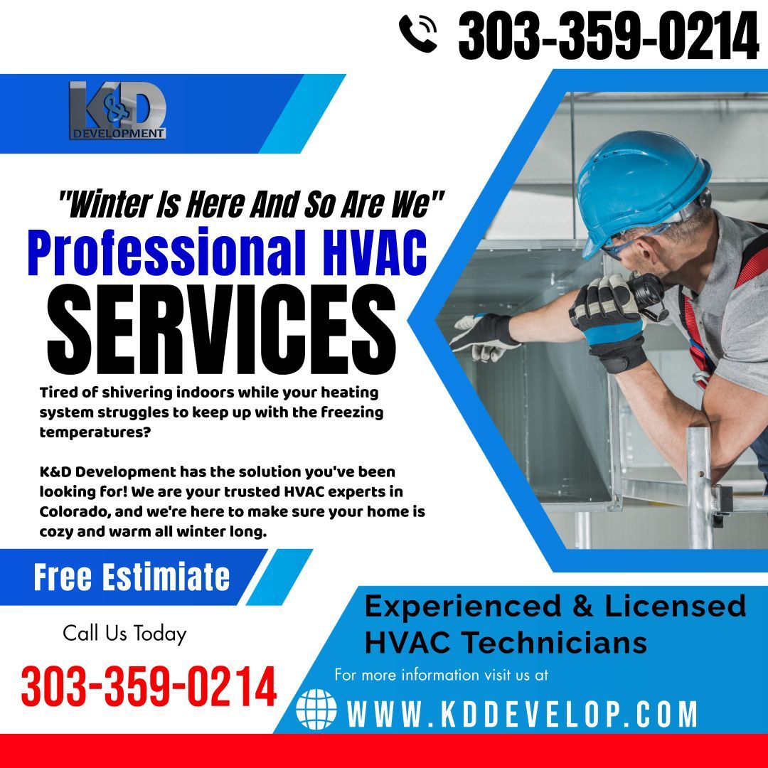 HVAC services advertisement: text and an HVAC technician working, phone number and website.