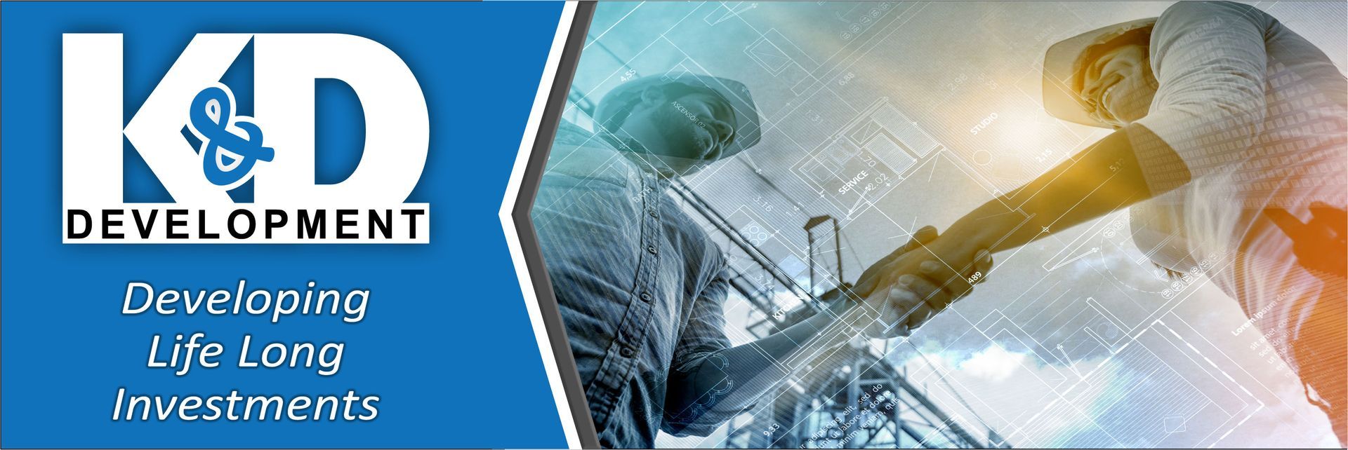 KD Development logo with construction worker holding blueprints. Text: Developing Life Long Investments.