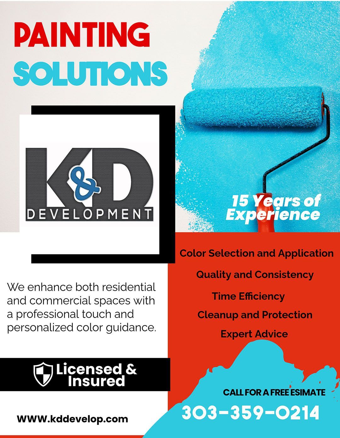 Advertisement for KD Development painting services, showcasing a paint roller and contact information.