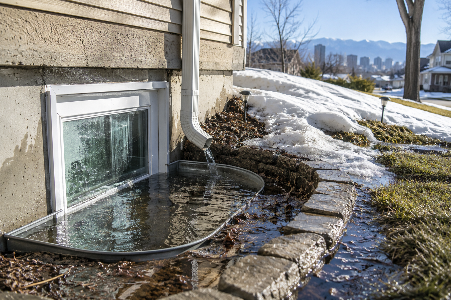 Water pouring into a basement window well beside a house in a snowy yard.