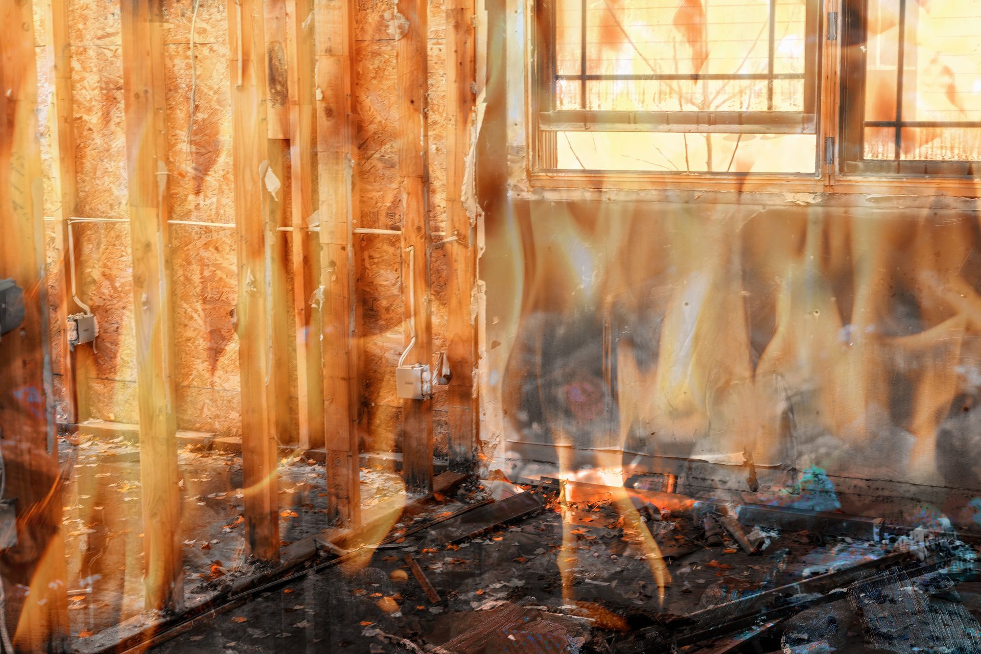 Interior view of a building on fire: flames engulf wood walls, window visible.