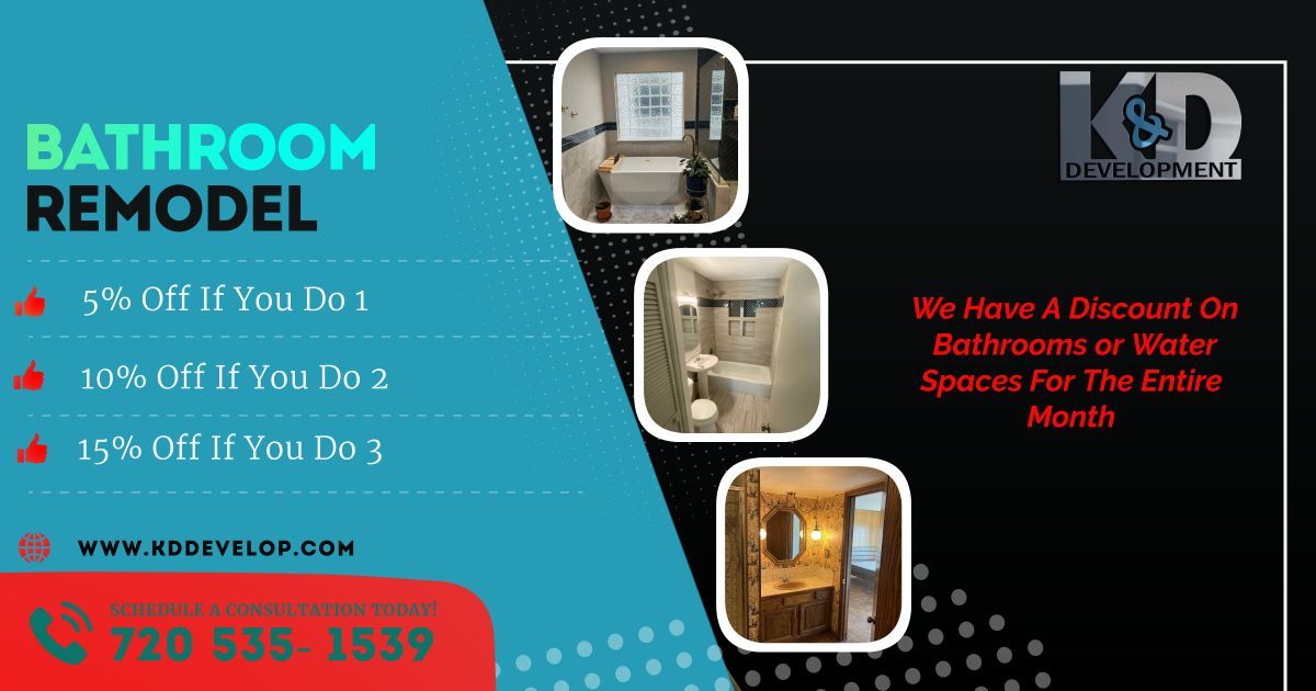 Bathroom remodel advertisement with discount offers. Includes example photos, logo, and contact information.