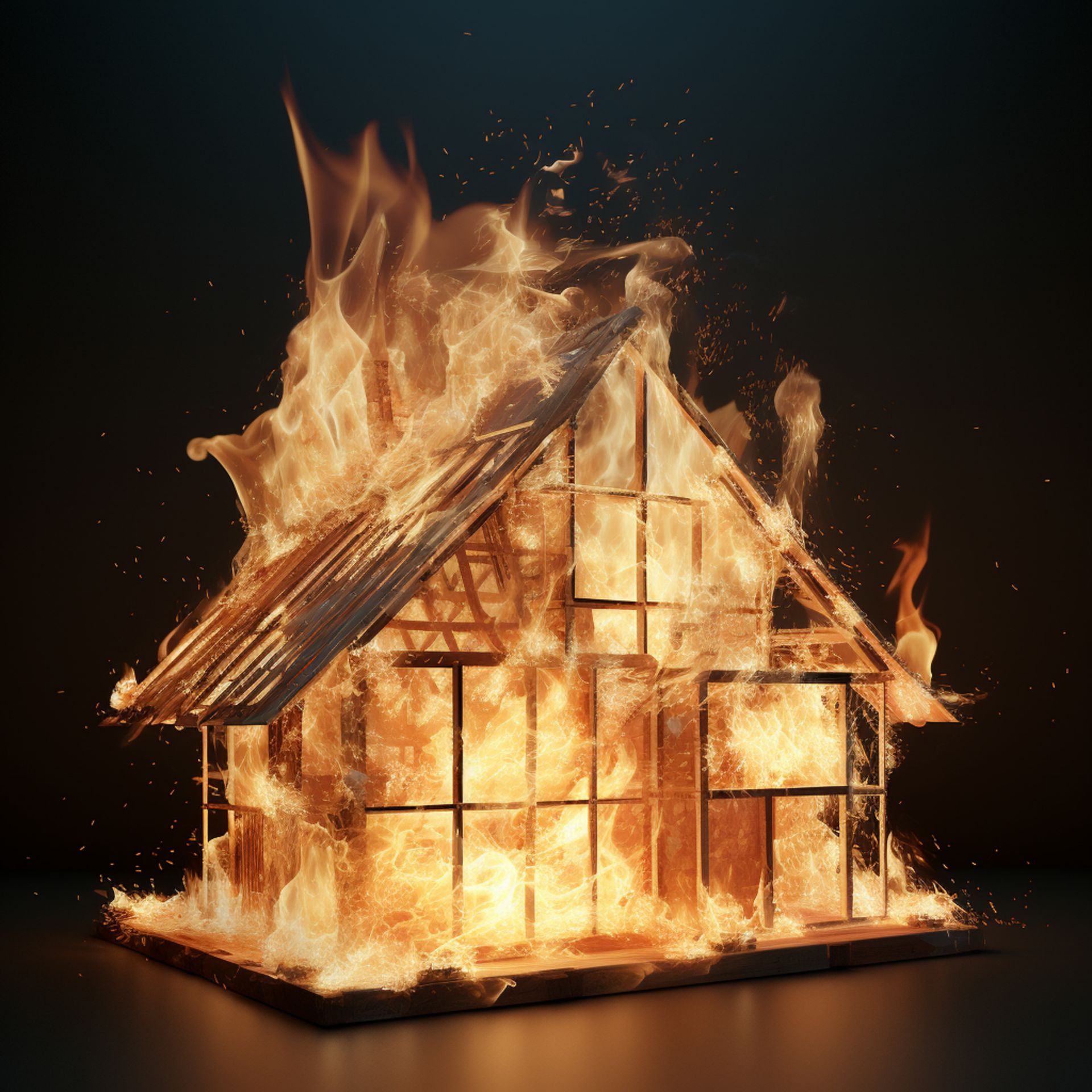 A small wooden house frame engulfed in flames against a dark background.