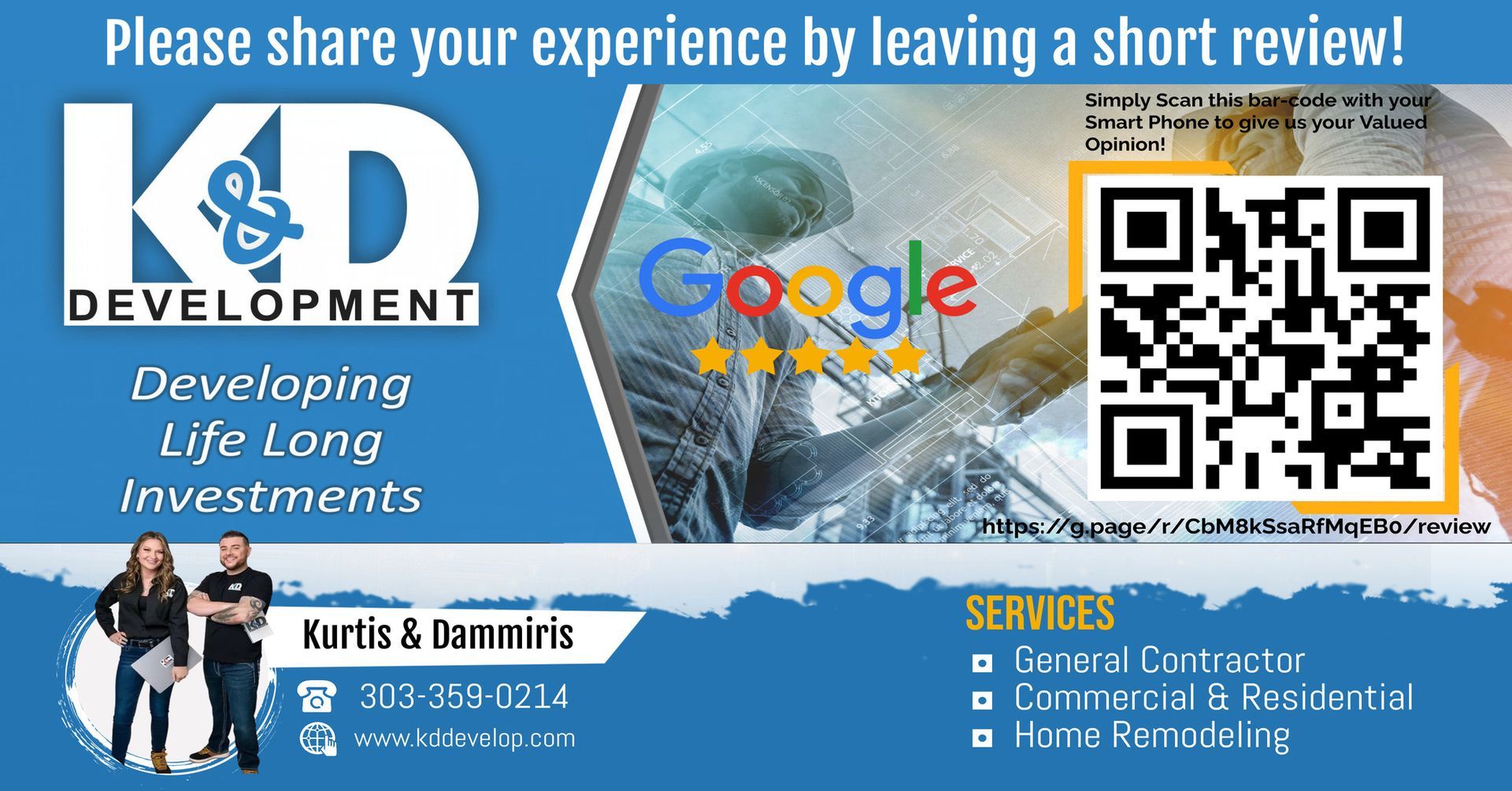 Blue promotional banner for K&D Development. Features logo, QR code for Google reviews, services listed, and contact info.