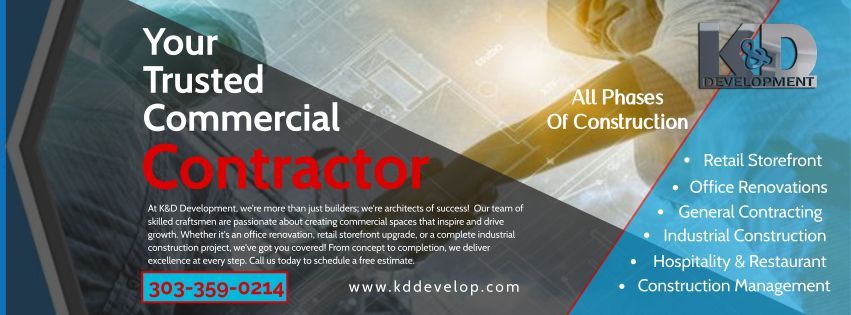 Advertisement for a commercial contractor, featuring text and a construction site image, with contact info.