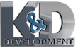 K&D Development logo in gray and blue with metallic 3D lettering