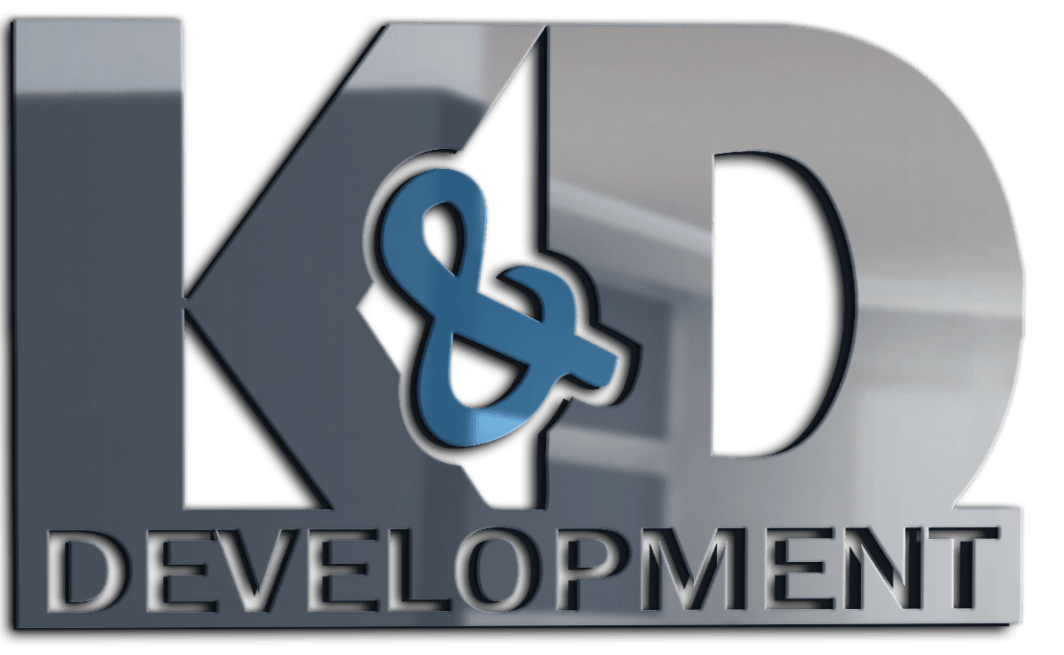 K&D Development logo in gray and blue with metallic 3D lettering