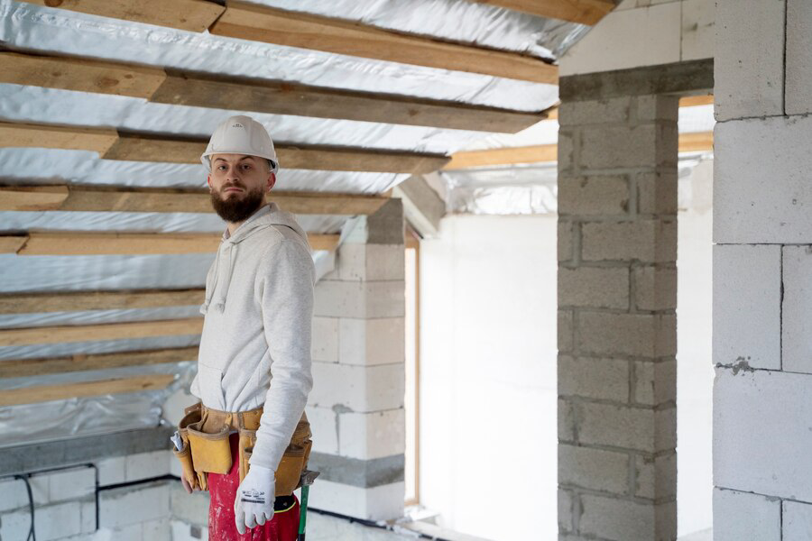 Construction worker in hard hat, inside a building under construction, looking at the camera.