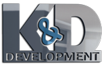 K&D Development logo in metallic silver and blue text