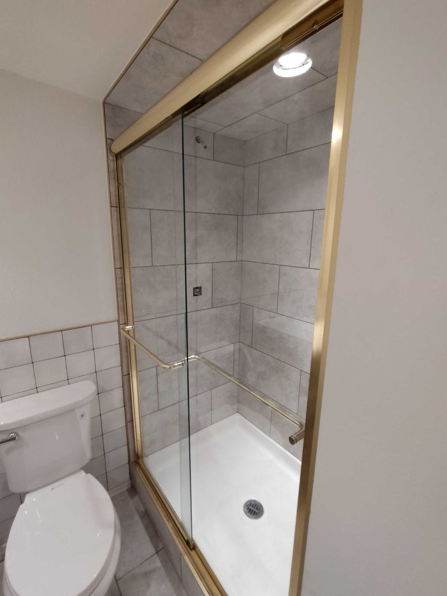 Shower with gold trim and sliding glass doors, next to a white toilet.