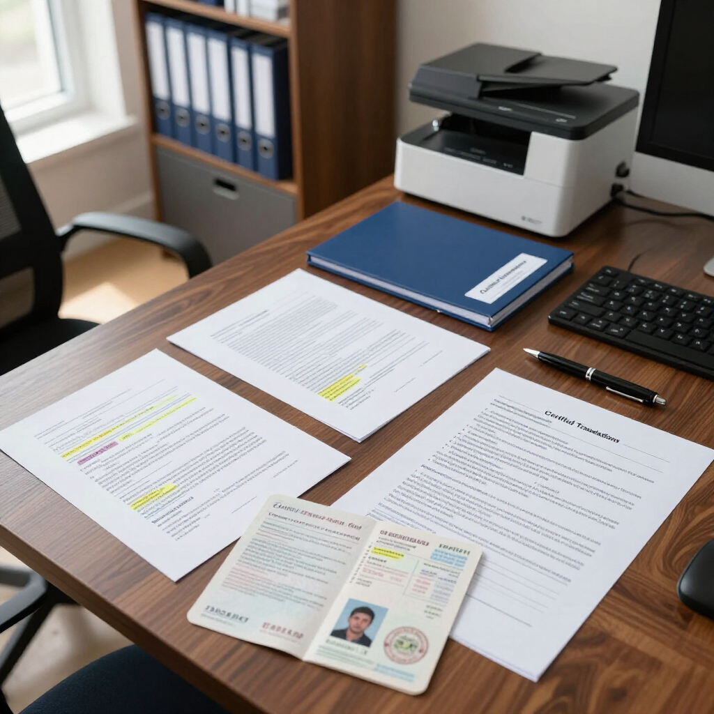 Office desk with printed documents, notebook, ID cards, calculator, and printer next to a window