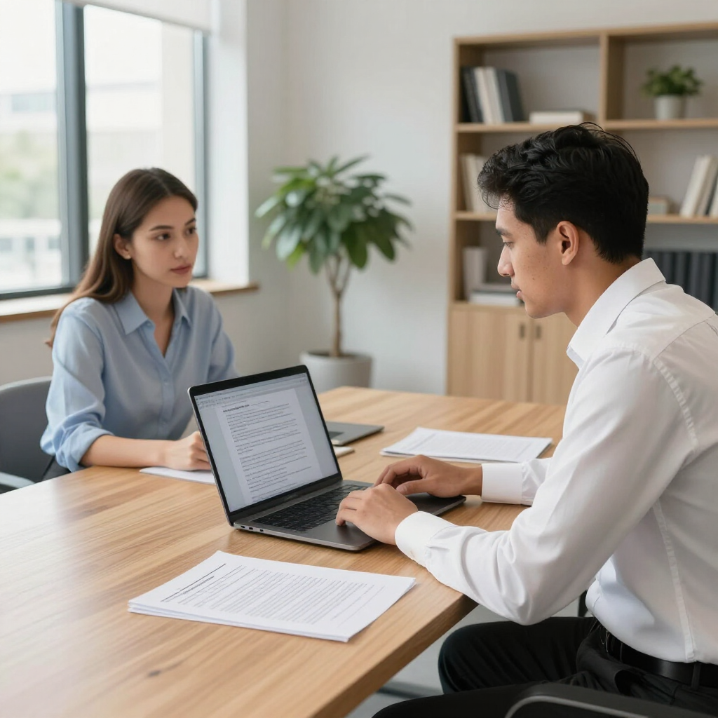 Two people in a bright office discuss work across a table with a laptop and papers.