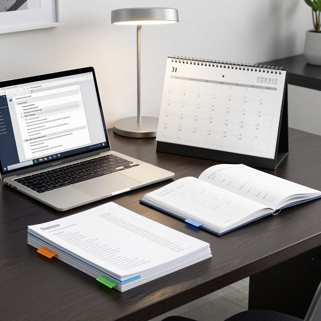Desk with laptop, desk lamp, calendar, open notebook, and papers in a tidy workspace