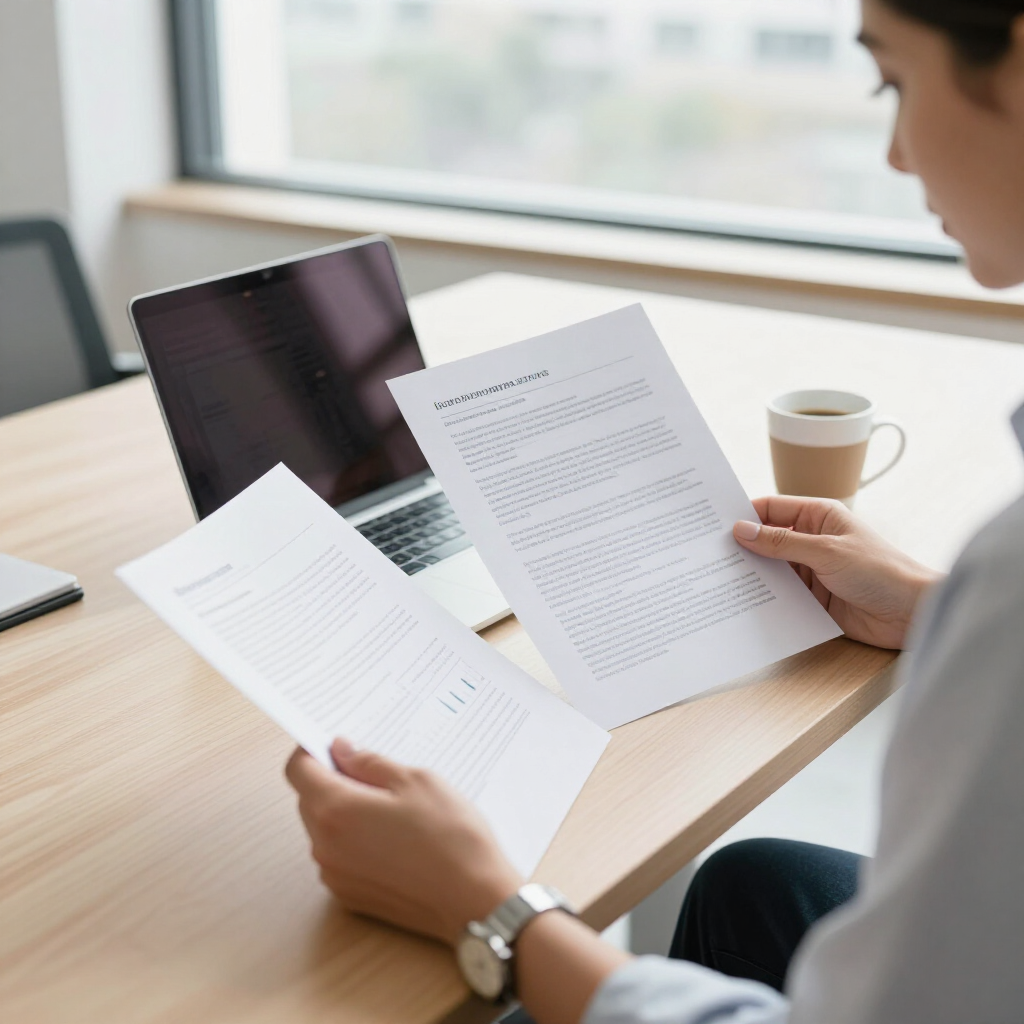 Person reviewing printed documents beside a laptop at a desk with a coffee mug