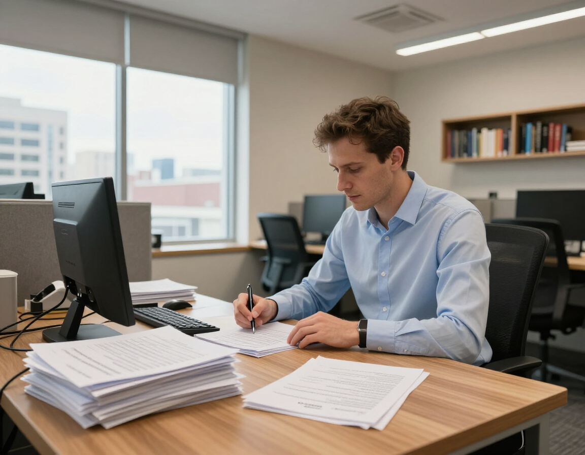 Office worker reviewing paperwork at a desk with stacks of documents and a computer monitor, writing notes.