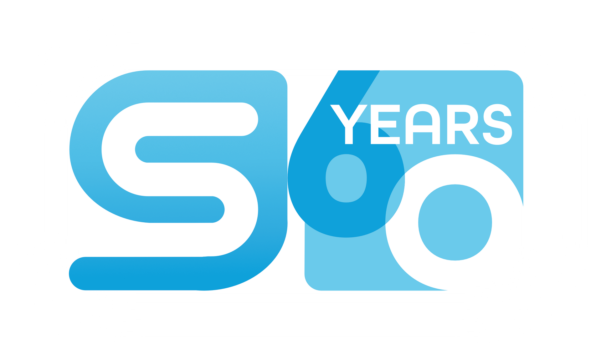 Stylized blue “60 YEARS” anniversary logo with white lettering and rounded design elements