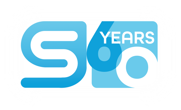Stylized blue “60 YEARS” anniversary logo on a white background