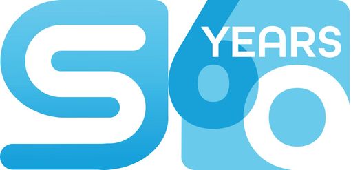 Blue and white “50 years” anniversary logo with stylized 50 and circular design