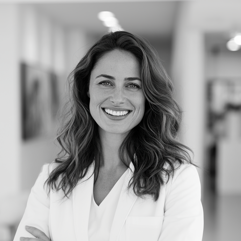 Smiling woman in a white blouse standing in a bright office hallway