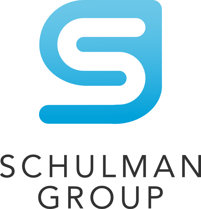the blue and white schulman group logo is on a white background