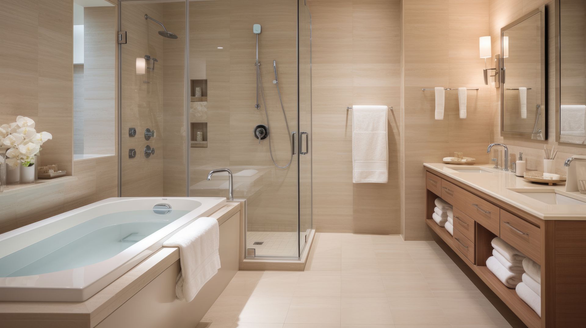 A bathroom with a tub, sink, shower and mirror