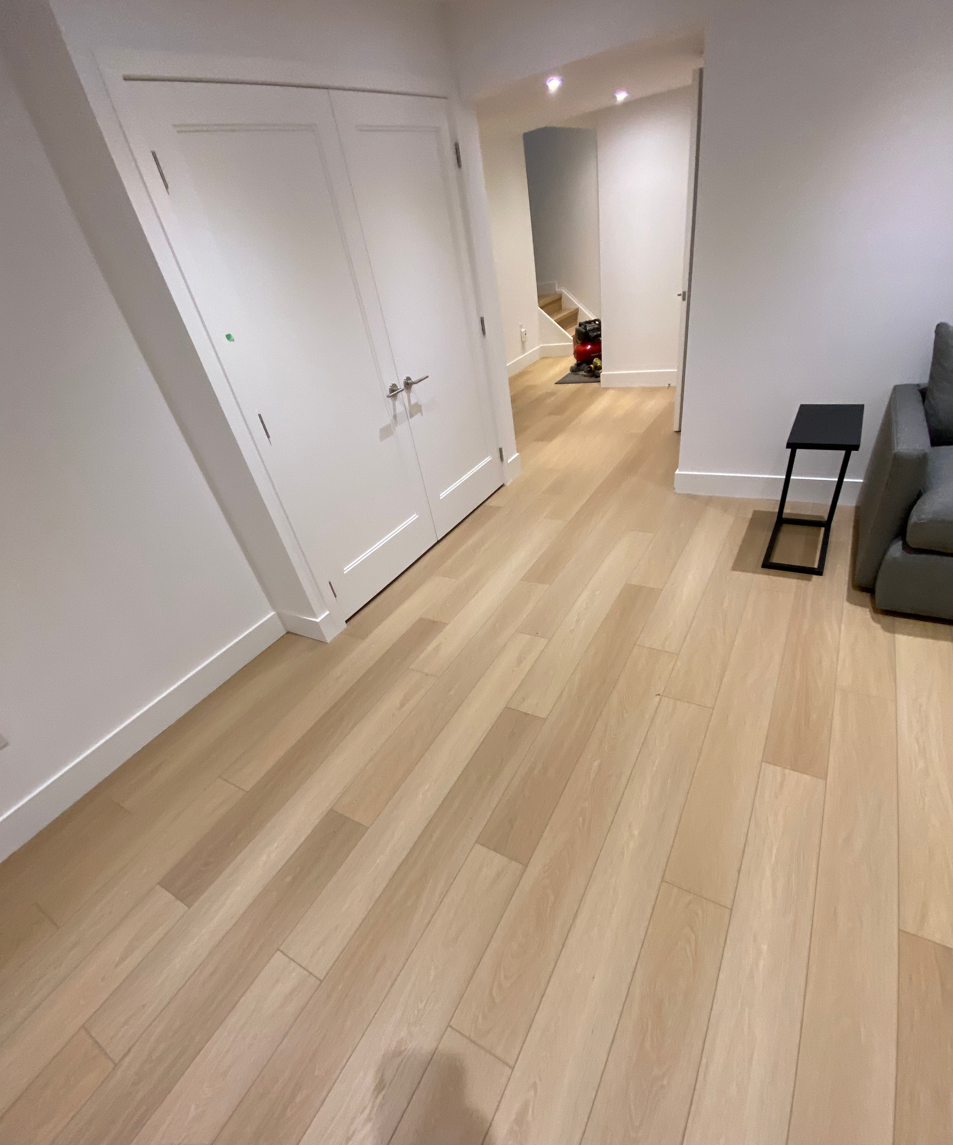 Light-toned wooden floor and white walls in a room, with a closet on the left and a hallway leading to another area.