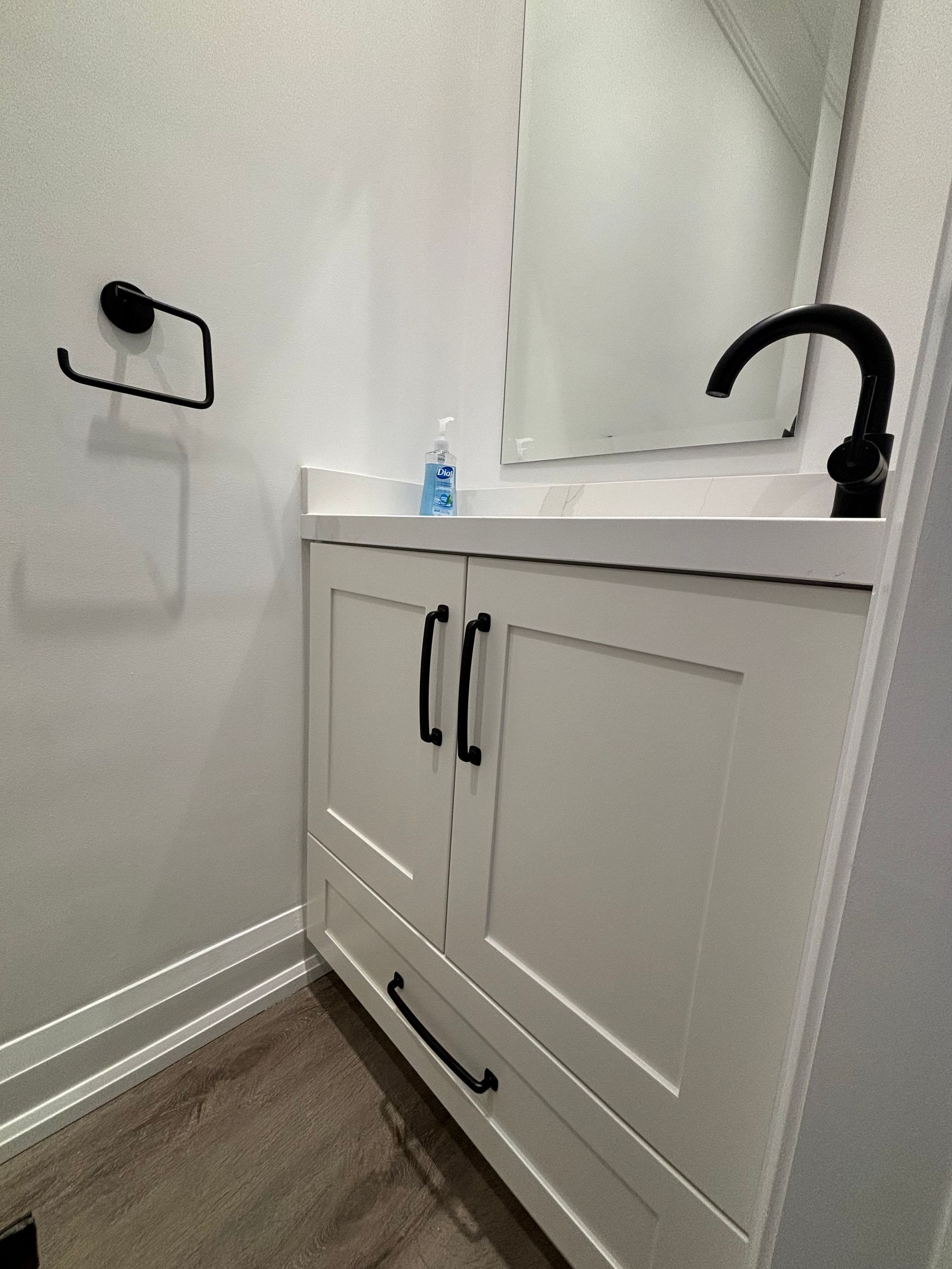White bathroom vanity with black hardware, sink, and mirror. Towel ring on wall.
