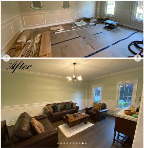 Before and after view of a living room renovation. The