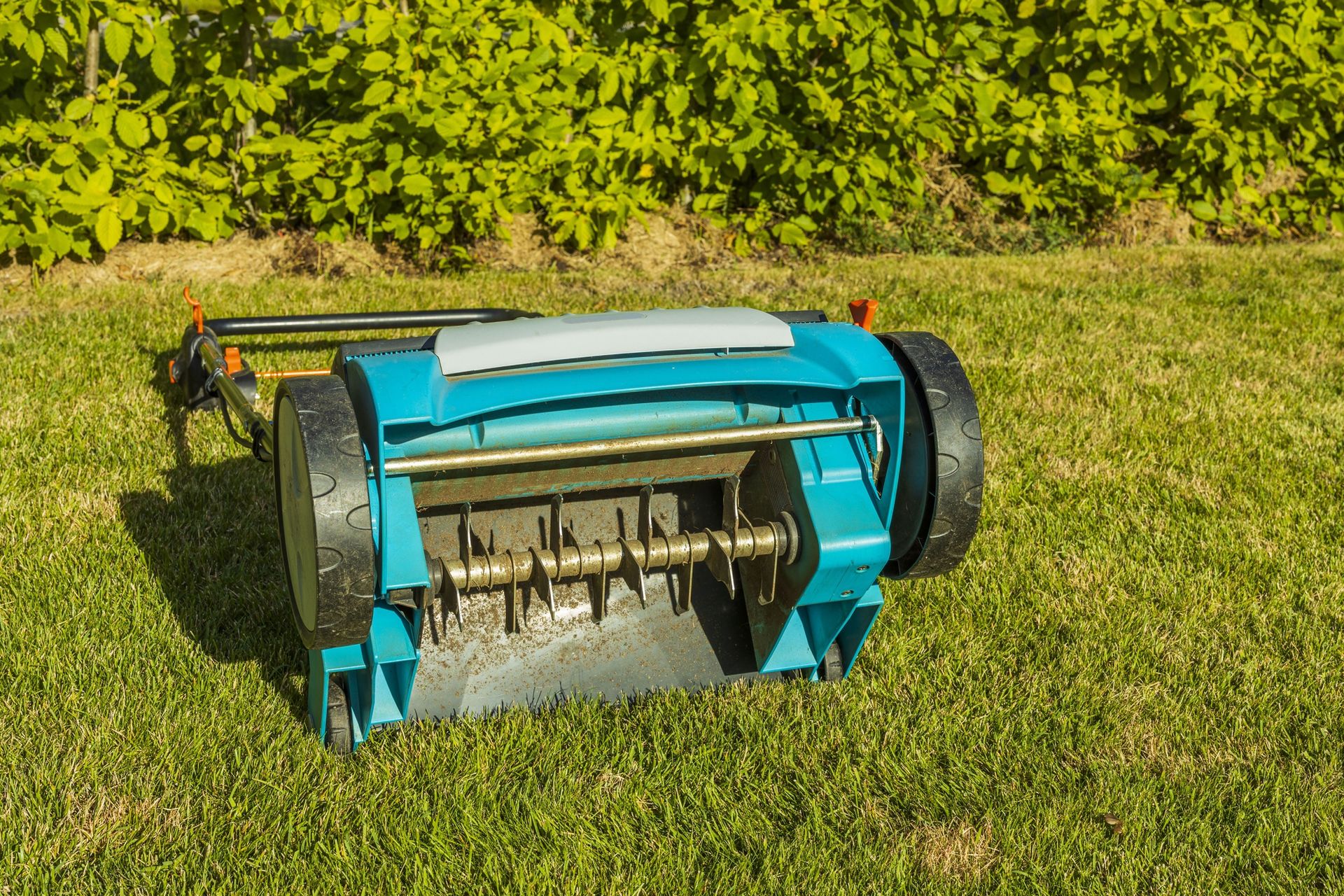 Blue lawn mower tipped on its side on grass, with hedge in the background.
