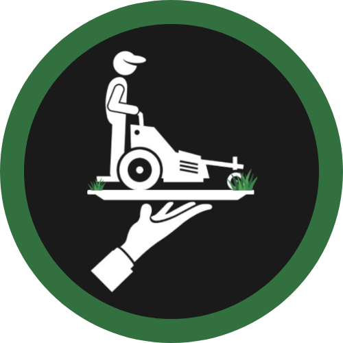 Logo of a white lawn mower on a hand, with small grass tufts.