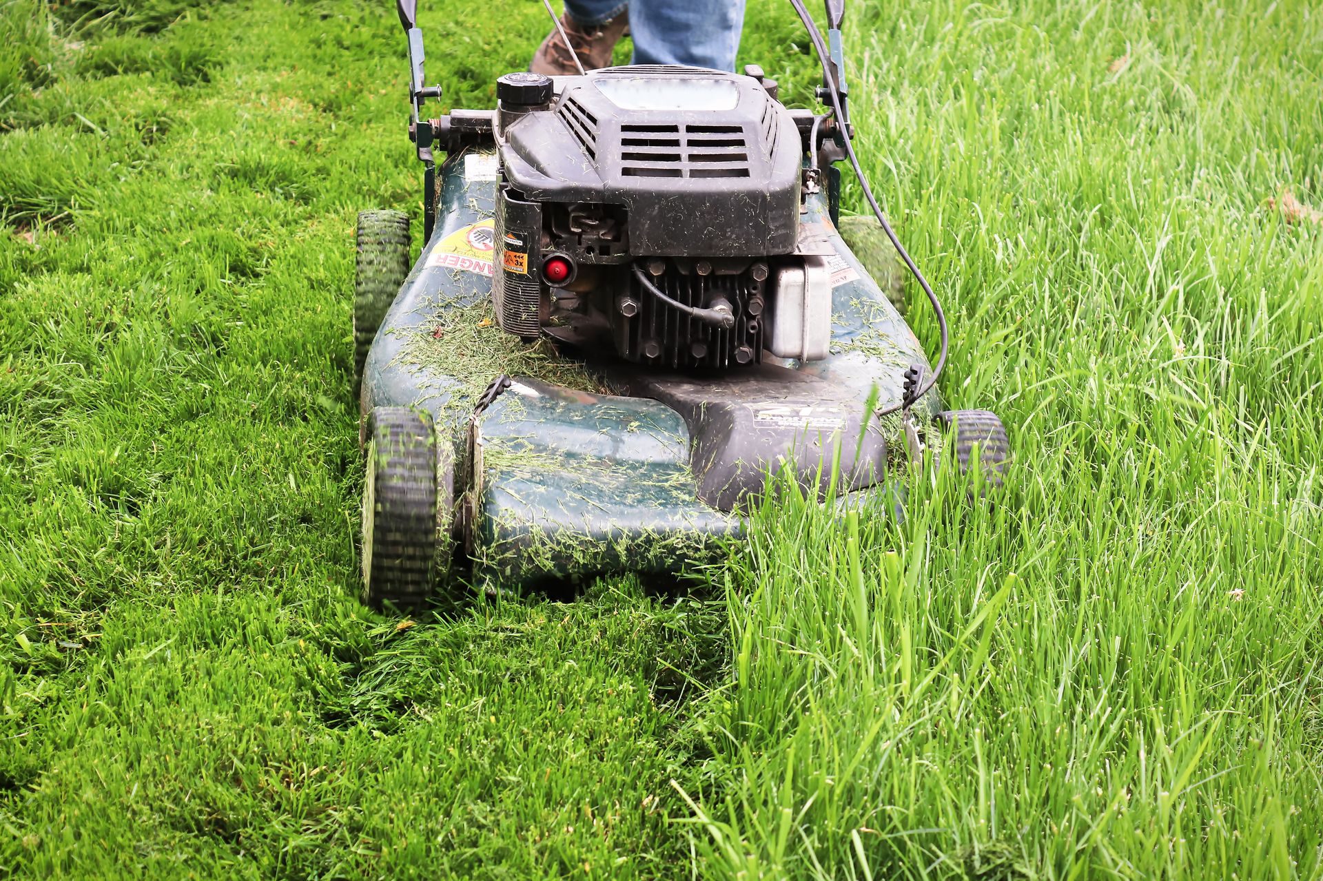 Person mowing tall green grass with a push lawn mower on a grassy path