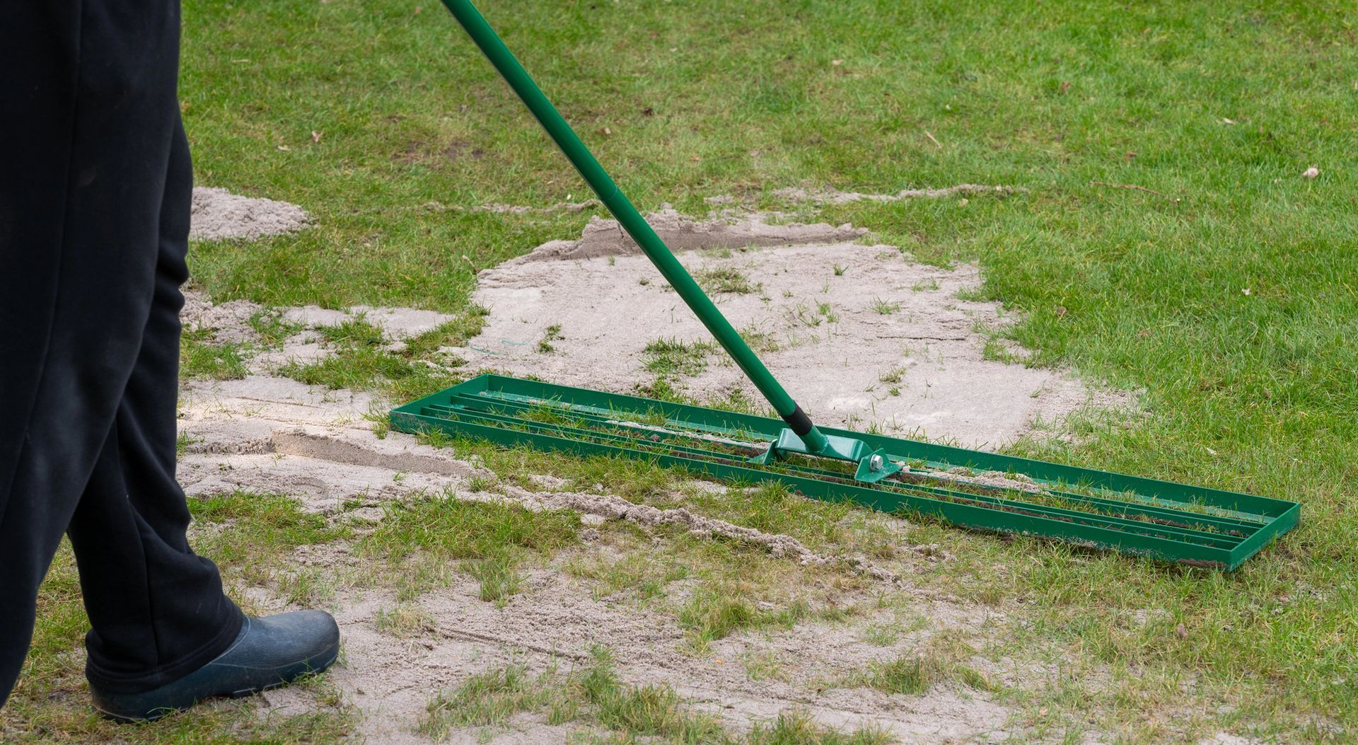 Person raking sandy patches on grass with a green rake